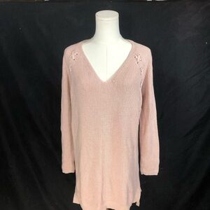 Spring Cotton V-Neck Longline Knit Sweater in Blush Pink Size Medium